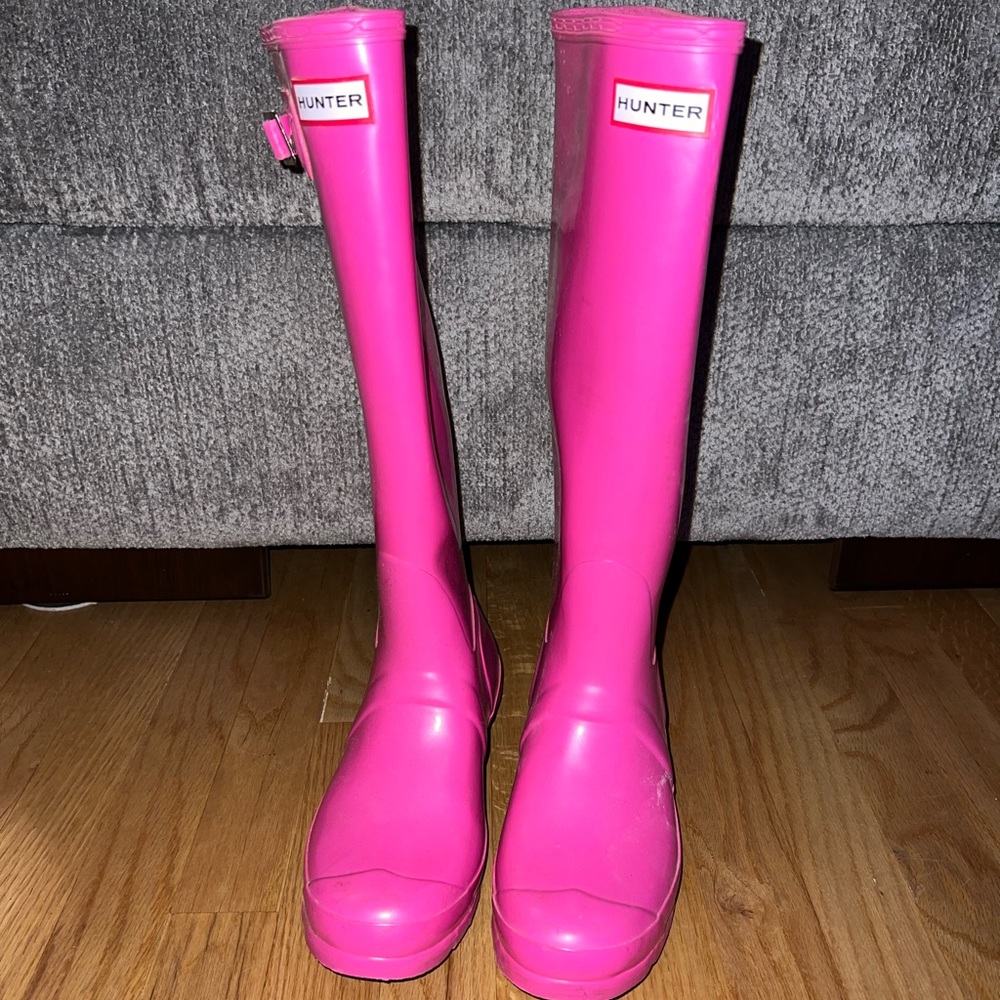 Tall pink hunter rain boots